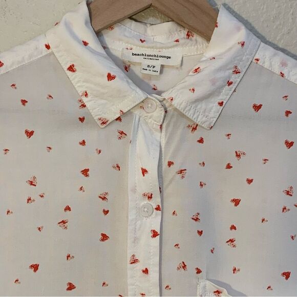 BEACH LUNCH LOUNGE Heart Button Up Shirt SP White Red Heart Pattern Long Sleeve. - Picture 3 of 9